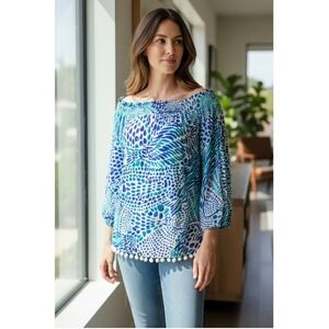Lilly Pulitzer Blouse Womens XL Nita Off Shoulder Blue Tang Gang Print Pom Pom